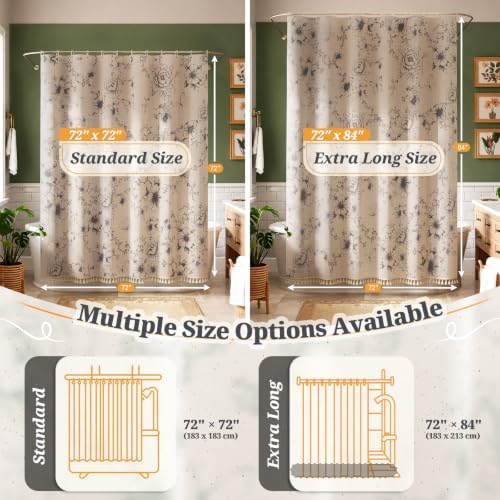 Vintage Floral Shower Curtain with 12 Clear Rings - 72" W x 72" L