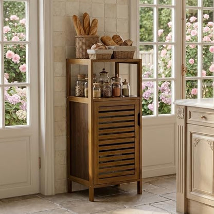 HITNET Bathroom Cabinet, Bamboo Floor Cabinet Free Standing, 4 Tier Sofa Side Storage Cupboard for Living Room Kitchen Entryway, Walnut