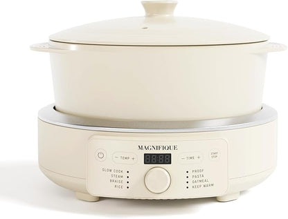 MAGNIFIQUE Slow Cooker, 4.5 Quart 8-in-1 Clay Pot Multi-Cooker, Non-Toxic Slow Cooker with Removable Clay Pot, for Rice, Pasta, Steam & Proof, Nonstick, Oven Safe Pot to 500°F, Oatmeal