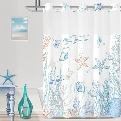 No Hook Shower Curtain and Liner Set, Orange Beach Coastal 71x74