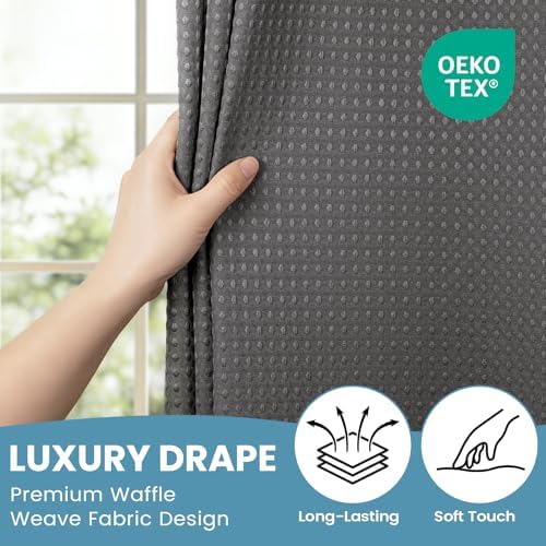 No Hook Waffle Shower Curtain with Snap in Liner Set, 71x74, Dark Grey
