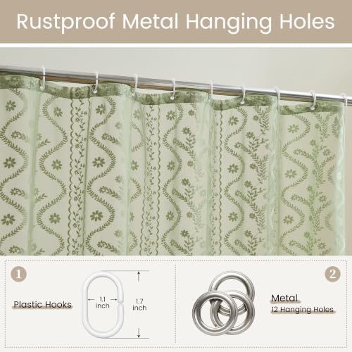 WAZZIO Sage Green Lace Shower Curtain - Vintage Pretty Floral Sheer Shower Curtains, Elegant Decorative Tassel Bath Curtains for Bathroom, 72 x 80 Inch, 1 Piece