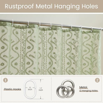 WAZZIO Sage Green Lace Shower Curtain - Vintage Pretty Floral Sheer Shower Curtains, Elegant Decorative Tassel Bath Curtains for Bathroom, 72 x 80 Inch, 1 Piece
