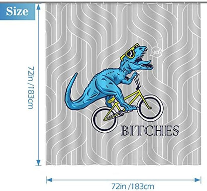 Aimego Funny Shower Curtain Blue Dinosaur Ride A Bike Pattern Cute Dino Pattern Shower Curtain Set with 12 Hooks for Bathroom Decor Accessories Bathtub Curtain, 72"x72"