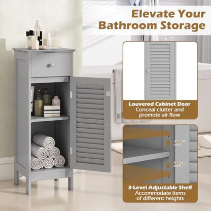 GIANTEX Bathroom Floor Storage Cabinet with Louvered Door and Drawer, Grey
