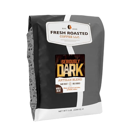 Fresh Roasted Coffee, Seriously Dark Artisan Blend Whole Bean Coffee, Dark Roast, Kosher, 5 lb (80 oz)