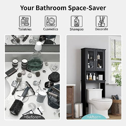 Shintenchi Over The Toilet Storage Cabinet, Bathroom Shelf Organizer with Anti-Tip Device Small Freestanding Space Saver with Adjustable Shelf and Glass Door, Black