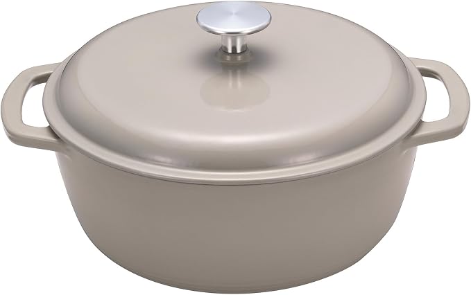 Amazon Basics Cast Iron Dutch Oven Pot with Lid, Enameled, Dual Handles, Round, Heavy-Duty, Small, 4.3-Quart, Linen Gray