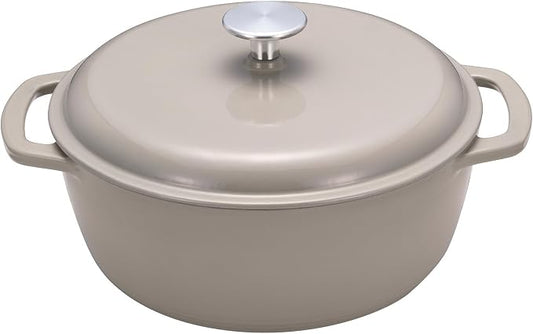 Amazon Basics Cast Iron Dutch Oven Pot with Lid, Enameled, Dual Handles, Round, Heavy-Duty, Small, 4.3-Quart, Linen Gray