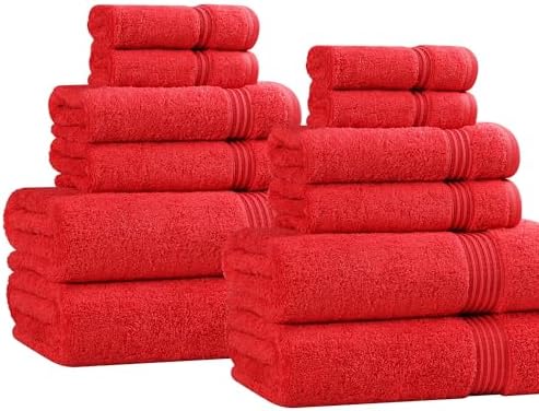 SUPERIOR Egyptian Cotton 12-Piece Towel Set, Assorted Towels for Home Bathroom, Master, Guest Bath, Decor Essentials, Includes 4 Bath, 4 Hand, 4 Face Towels/Washcloths, Quick Dry, Absorbent, Red