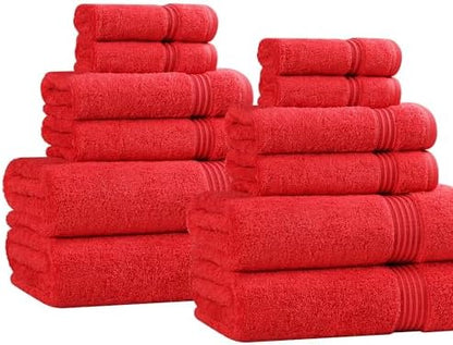 SUPERIOR Egyptian Cotton 12-Piece Towel Set, Assorted Towels for Home Bathroom, Master, Guest Bath, Decor Essentials, Includes 4 Bath, 4 Hand, 4 Face Towels/Washcloths, Quick Dry, Absorbent, Red
