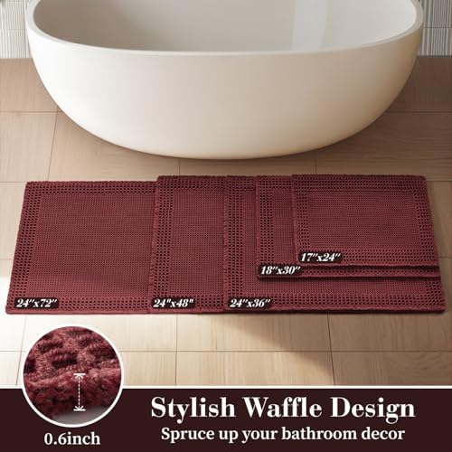RESARE Waffle Bath Mat for Bathroom Non Slip Bathroom Rugs 24"x36" Dark Red