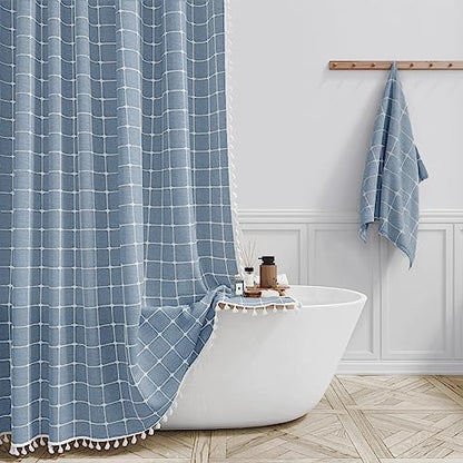BTTN Stall Boho Farmhouse Linen Heavy Duty Shower Curtain Set, 36x72, Blue