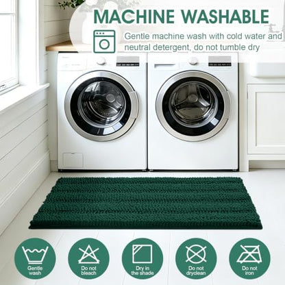 ACCUMTEK Christmas Striped Deep Green Toilet Bathroom Rug Mat Set 2 piece Rug Ultra Soft, Non Slip Chenille Bath Rugs, Absorbent Plush Shaggy Bath Mats for Bathroom, Bedroom, Kitchen, Shower, Tub