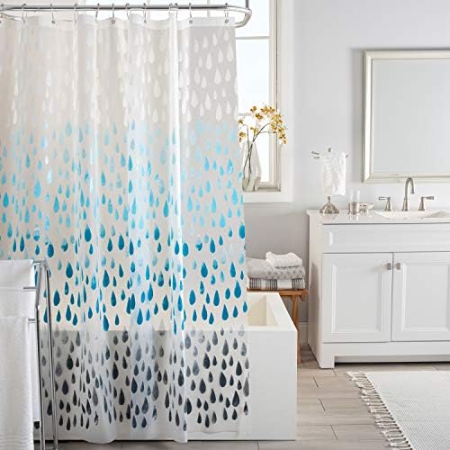 Bath Bliss Design PEVA Shower Curtain | Dimensions: 70"x 72" | 12 Metal Grommets | Bathroom Accessories | Reinforced Mesh Trim | Ombre | Raindrop Blue