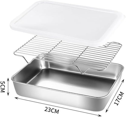 TreasureCave Stainless Steel Bakeware With Rack & Lid, Cookie Sheets For Baking Pan Tray, Heavy Duty Bakeware Baking Pans For Cookie, Cake Cooling Storing (23x17x5cm)