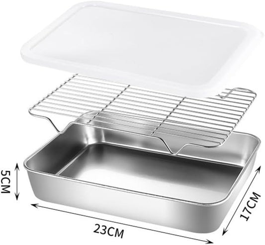 TreasureCave Stainless Steel Bakeware With Rack & Lid, Cookie Sheets For Baking Pan Tray, Heavy Duty Bakeware Baking Pans For Cookie, Cake Cooling Storing (23x17x5cm)