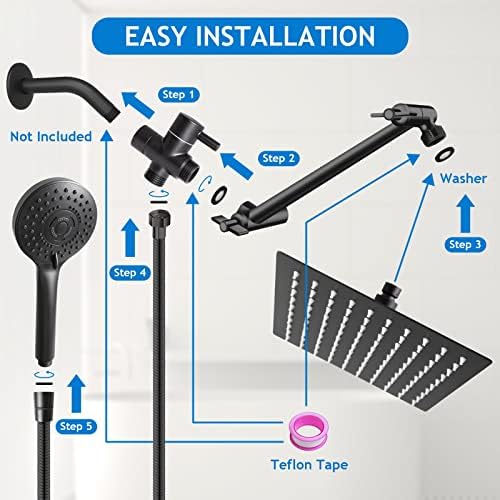 12” Black High/Low Pressure Water Rain Shower Head with 11” Extension Arm