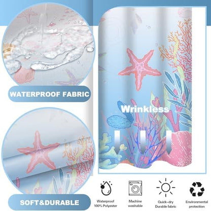 No Hook Shower Curtain and Liner Set, Blue Pink Beach Coastal 71x74