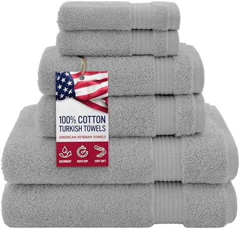 American Veteran Towel, 100% Cotton Turkish 6 Piece Towel Set, Luxury Towels Set of 6 for Bathroom Essentials, 2 Bath Towel 2 Hand Towel 2 Washcloth, Light Grey