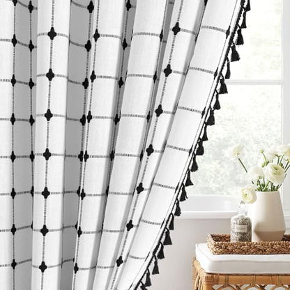 Boho Farmhouse Classic Plaid Linen Tassel Shower Curtain White Black,72x72