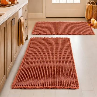 MIULEE Fall Orange Set of 2 Waffle Bathroom Rugs Boho Bath Mat 20x32 Inch