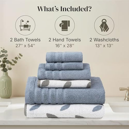 Modern Threads 6 Piece Bath Towel Set – Bathroom Set with 2 Bath Towels, 2 Hand Towels, and 2 Wash Cloths – 100% Cotton, Super Absorbent & Extra Soft – Reversible Natural Vine (Blue)