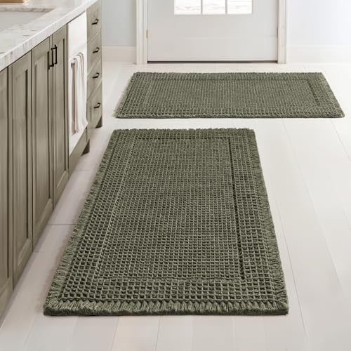 MIULEE Set of 2 Waffle Bathroom Rugs Bordered Bath Mat Green 18x30 Inch