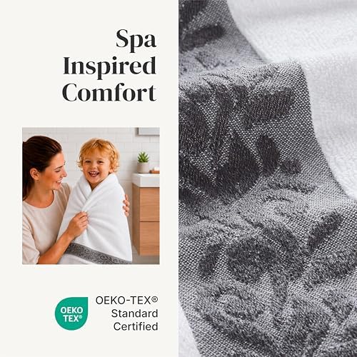Modern Threads 6 Piece Bath Towel Set – Bathroom Towel Set with 2 Bath Towels, 2 Hand Towels & 2 Washcloths – 100% Cotton, Soft & Absorbent – Jacquard Border (Gray)