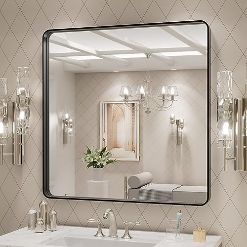 LOAAO 30x30 Inch Black Metal Framed Bathroom Mirror