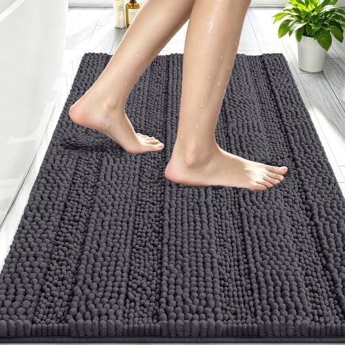 Smiry Thick Chenille Bathroom Rugs 30x20, Absorbent Bath Mat, Dark Grey