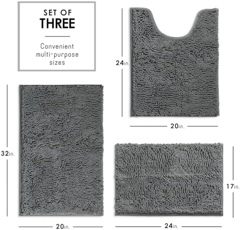 Hearth & Harbor Bathroom Rugs, Chenille Bath Mat - Machine Washable Bath Mats for Bathroom Non-Slip Backing Rubber, Quick Dry Mat - Grey Bath Rug, 17x24-20x32-20x24