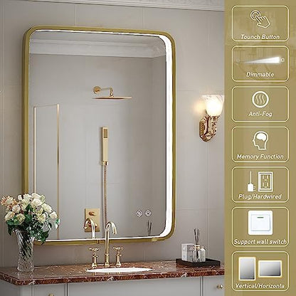 LED Bathroom Mirror with Light,Gold Frame,24x32 Inch