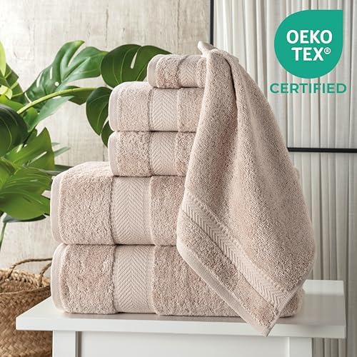 TEXTILOM 100% Turkish Cotton 6 Pcs Bath Towel Set, Luxury Bath Towels for Bathroom, Soft & Absorbent Bathroom Towels Set (2 Bathtowels, 2 Hand Towels, 2 Washcloths)- Beige