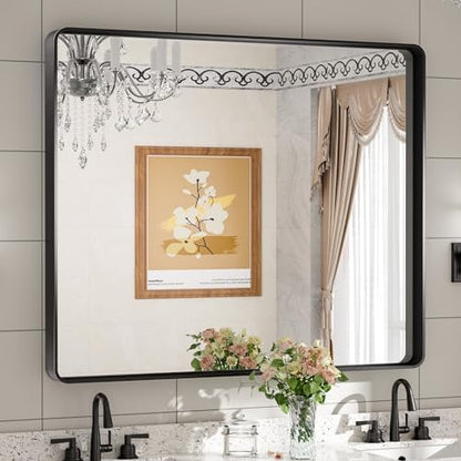 TETOTE Black Framed Mirrors for Bathroom, 42 x 36 Inch Modern Decorative Wall Mounted Rectangle Matte Framed Vanity Mirror (Horizontal/Vertical)