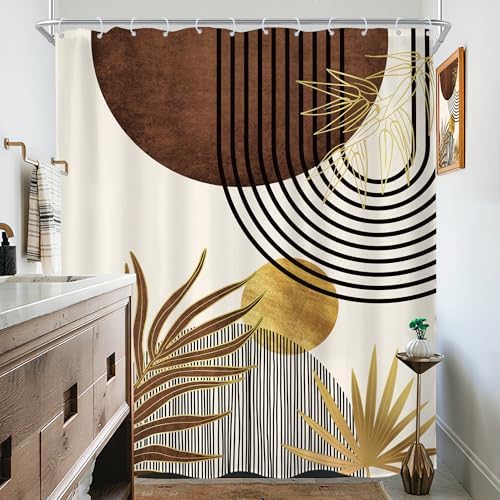 Mid Century Brown Boho Abstract Modern Beige Bathroom Shower Curtain Set
