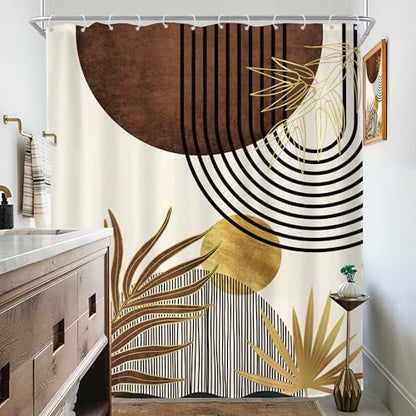 Mid Century Brown Boho Abstract Modern Beige Bathroom Shower Curtain Set