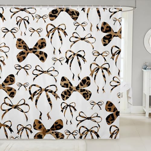 jejeloiu Cute Bowknot Shower Curtain for Bathroom Decor 72"x84" Brown Black Girls Bow Bath Curtain Kawaii Leopard Bathroom Accessories Waterproof Polyester Fabric for Stalls Bathtubs Princess Decor