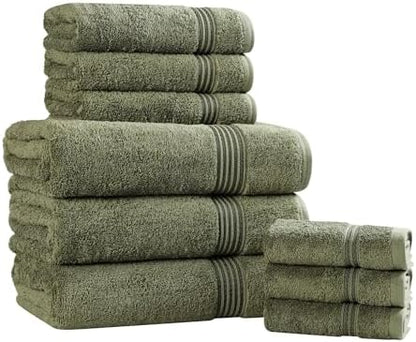 Superior Egyptian Cotton 9-Piece Towel Set, Assorted Towels, Home Bathroom, Master, Guest Bath, Decor Essentials, Includes 3 Bath, 3 Hand, 3 Face Towels/Washcloths, Quick Dry, Absorbent, Forest Green