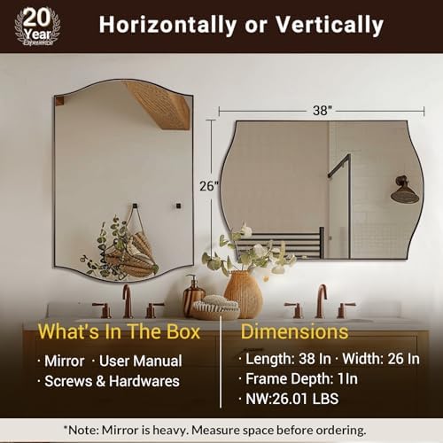 ANDY STAR 26"x38" Scalloped Mirror for Bathroom，Brushed Bronze Rectangle Wall Mirror with Curved Edge Stainless Steel Metal Frame, Wall-Mounted Mirror for Bathroom, Entryway, Living Room