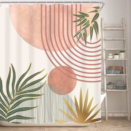 Mid Century Pink Green Boho Abstract Modern Bathroom Shower Curtain Set