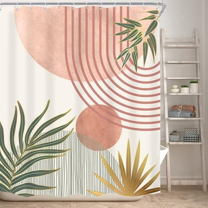 Mid Century Pink Green Boho Abstract Modern Bathroom Shower Curtain Set