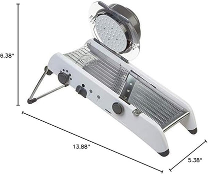 PL8 Professional Mandoline - Versatile Slicer with Adjustable Straight, Waffle, and Julienne Blades, Extra-Wide Stainless Steel Deck, Safety Hand Guard, Non-Skid Feet, and Space-Saving Design