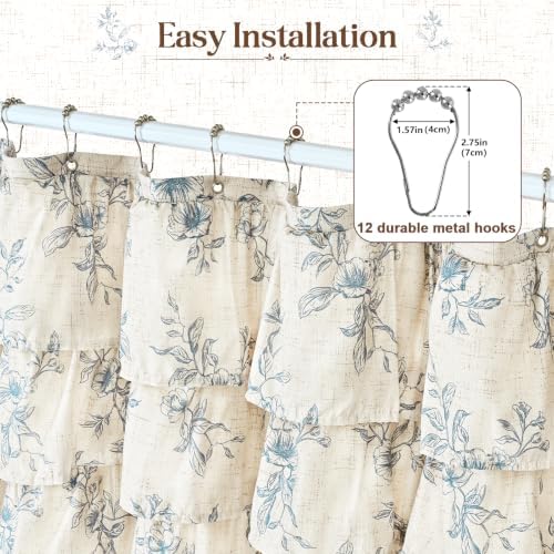 Yinhua Long Farmhouse Ruffle Shower Curtains with Blue Floral, 72" Wx78 L