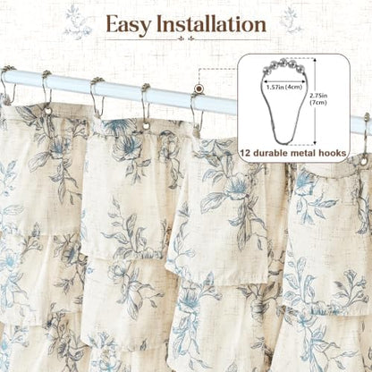 Extra Long Farmhouse Ruffle Shower Curtains with Blue Floral, 72"Wx84"L