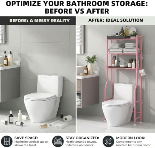 GloTika 3-Tier Over Toilet Storage, Anti-Tilt, 64" H, Pink