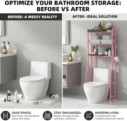 GloTika 3-Tier Over Toilet Storage, Anti-Tilt, 64" H, Pink