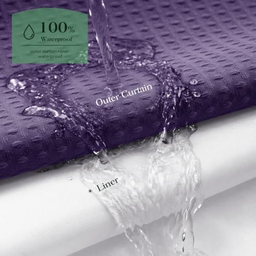 Dynamene Purple Hook Free Waffle Shower Curtain & Snap Fabric Liner,72x87