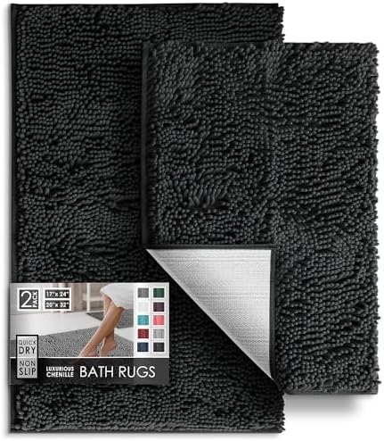 Hearth & Harbor Bathroom Rugs, Chenille Bath Mat - Machine Washable Bath Mats for Bathroom Non-Slip Backing Rubber, Quick Dry Bathroom Mat