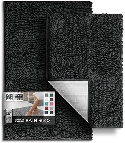 Hearth & Harbor Bathroom Rugs, Chenille Bath Mat - Machine Washable Bath Mats for Bathroom Non-Slip Backing Rubber, Quick Dry Bathroom Mat